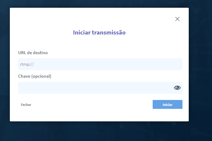 Janela para inserir a URL e a chave de transmissão