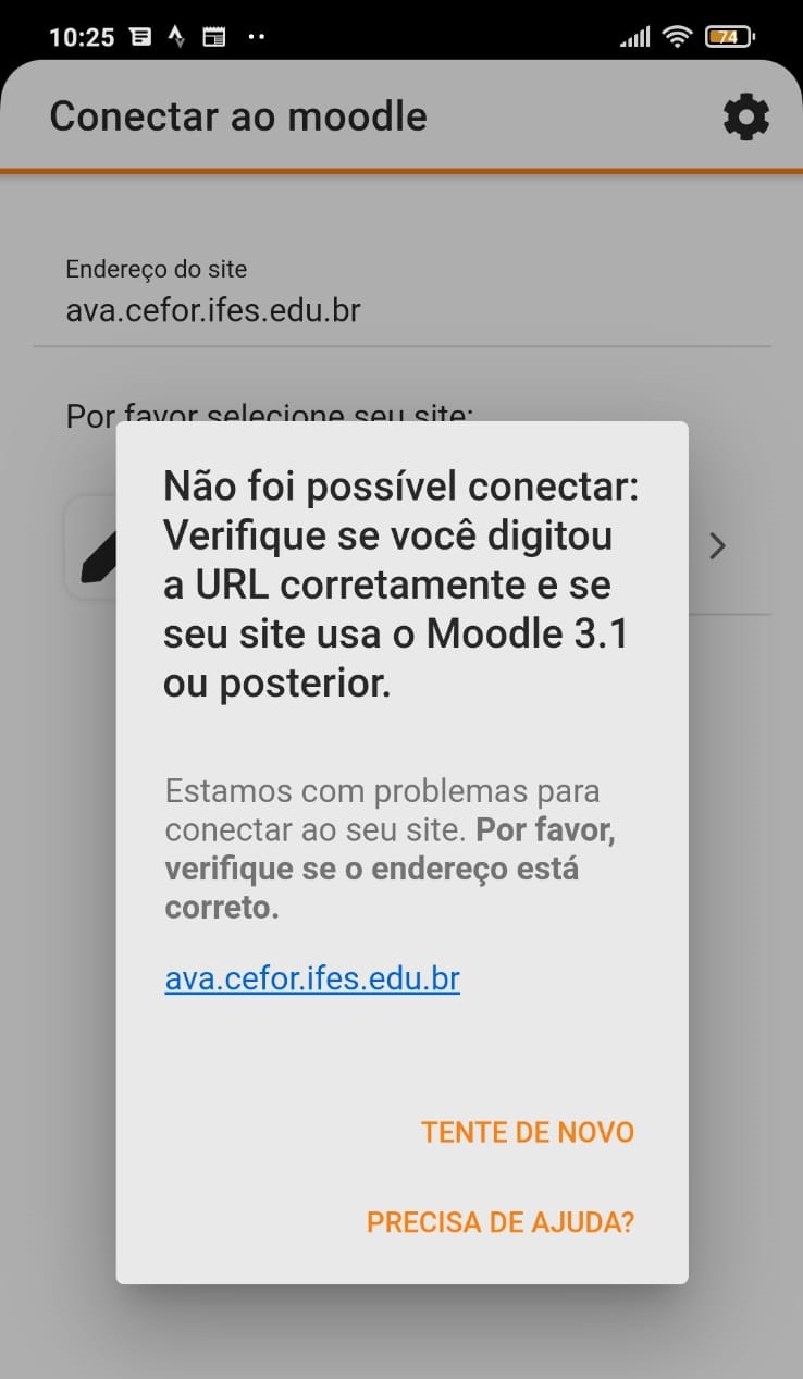 "Não foi possível conectar. Verifique se você digitou a URL corretamente e se seu site usa o Moodle 3.1 ou superior." 